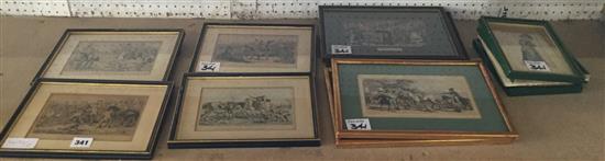 4 coloured Rowlandson prints, 4 similar John Leech prints & 4 19C fashion prints, all framed